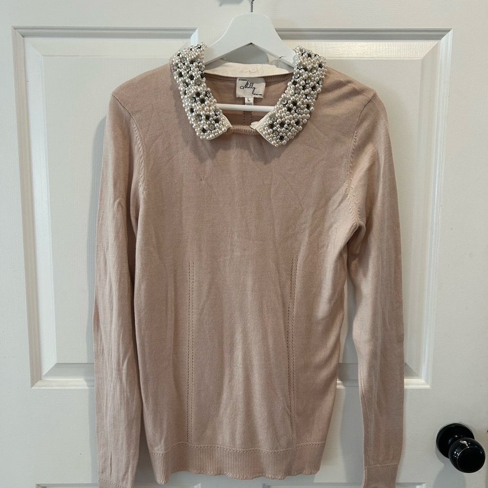 Milly Beige Sweater with Pearl Collar
